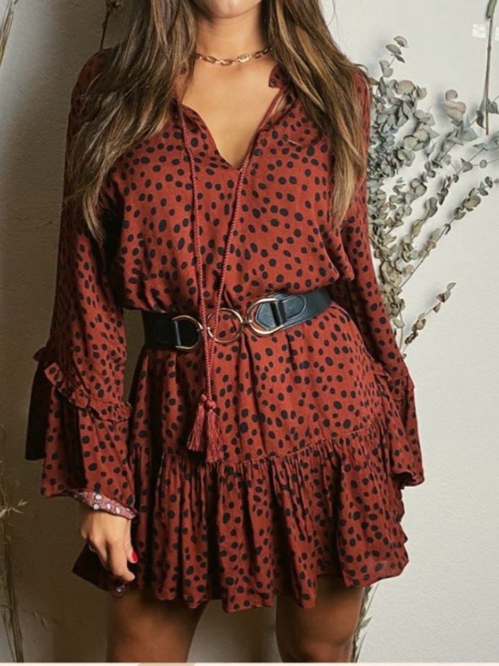 Rust Polka Dot Long-Sleeve Ruffle Mini Dress